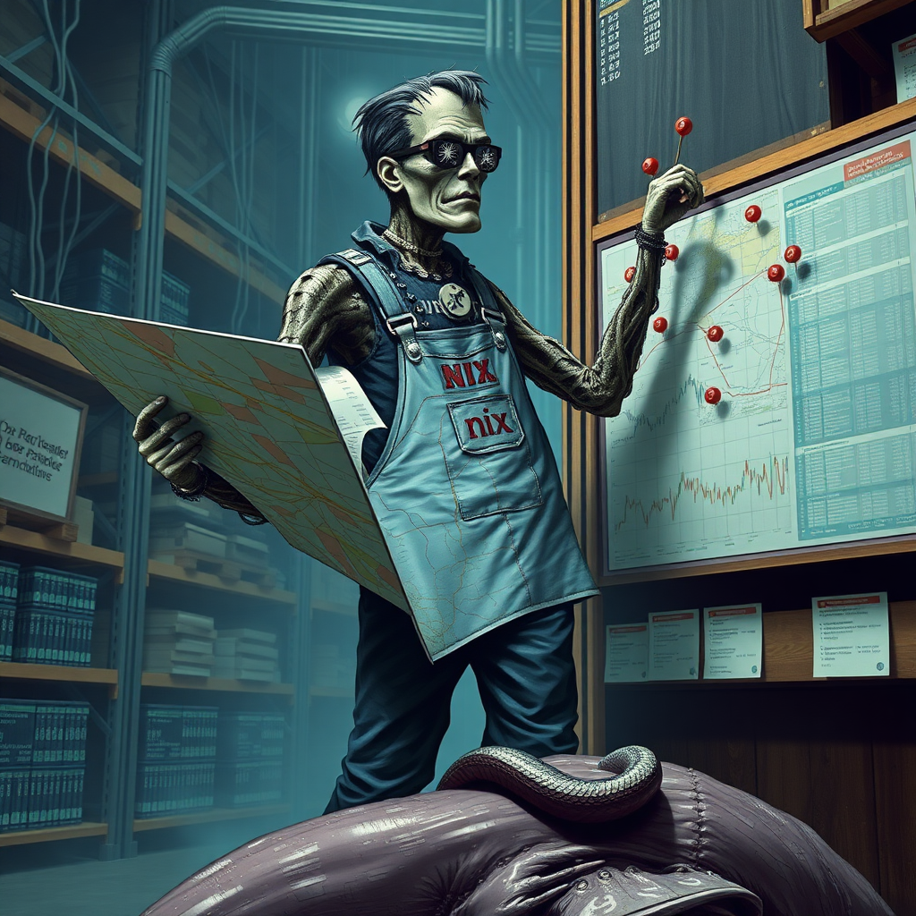 a cyberpunk frankenstein holding a big map in one hand and reaching for marker pins on a high board in a data warehouse, his arms are pythons. In the background are streams of data. His Overall reads "nix". He wears glasses in shape of snowflakes. he stands on a rotting, dead whale.