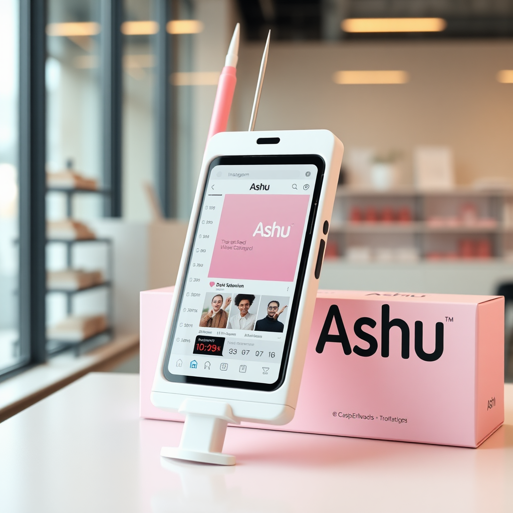 A close-up straight front view of mobile phone in the shape inspired by syringe, white pink futuristic, kept for sale leaning to a box with text Ashu and minimal design, in showroom, touchscreen phone with instagram page open on screen, needle on top, whitepunk,