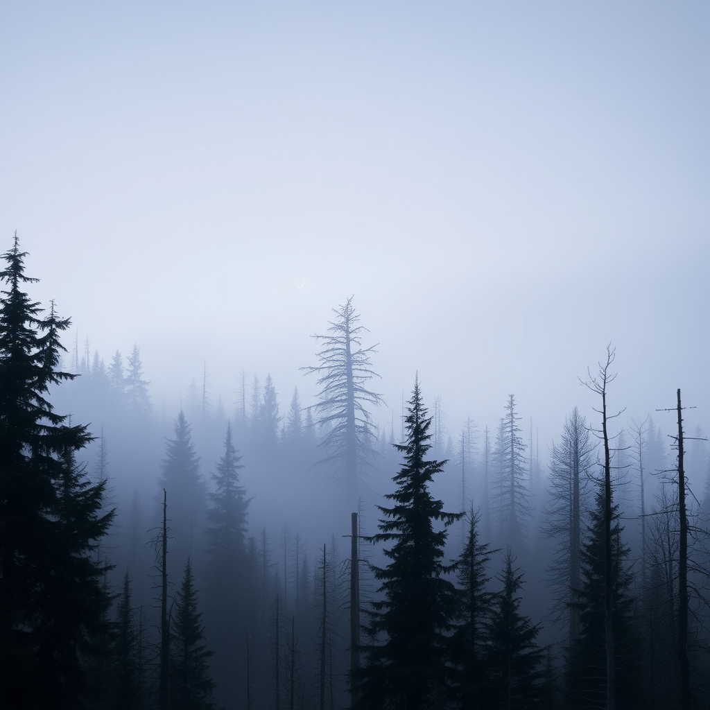 a photo of a foggy forest, by Kristian Zahrtmann, broken forests, eerie color, black fir, forest on the horizon, alien trees, destroyed forest, merging with tree in a forest, crescent moon, forested, barren, danila tkachenko, tall trees