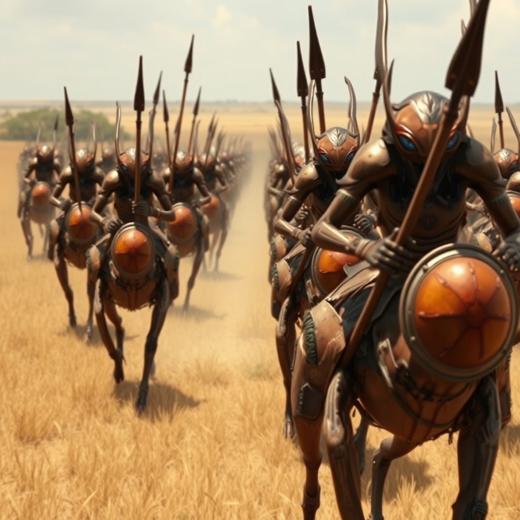 An army of bipedal insect aliens, marching across savannah on alien mounts, armoured, helmets, spears and shield, realistic