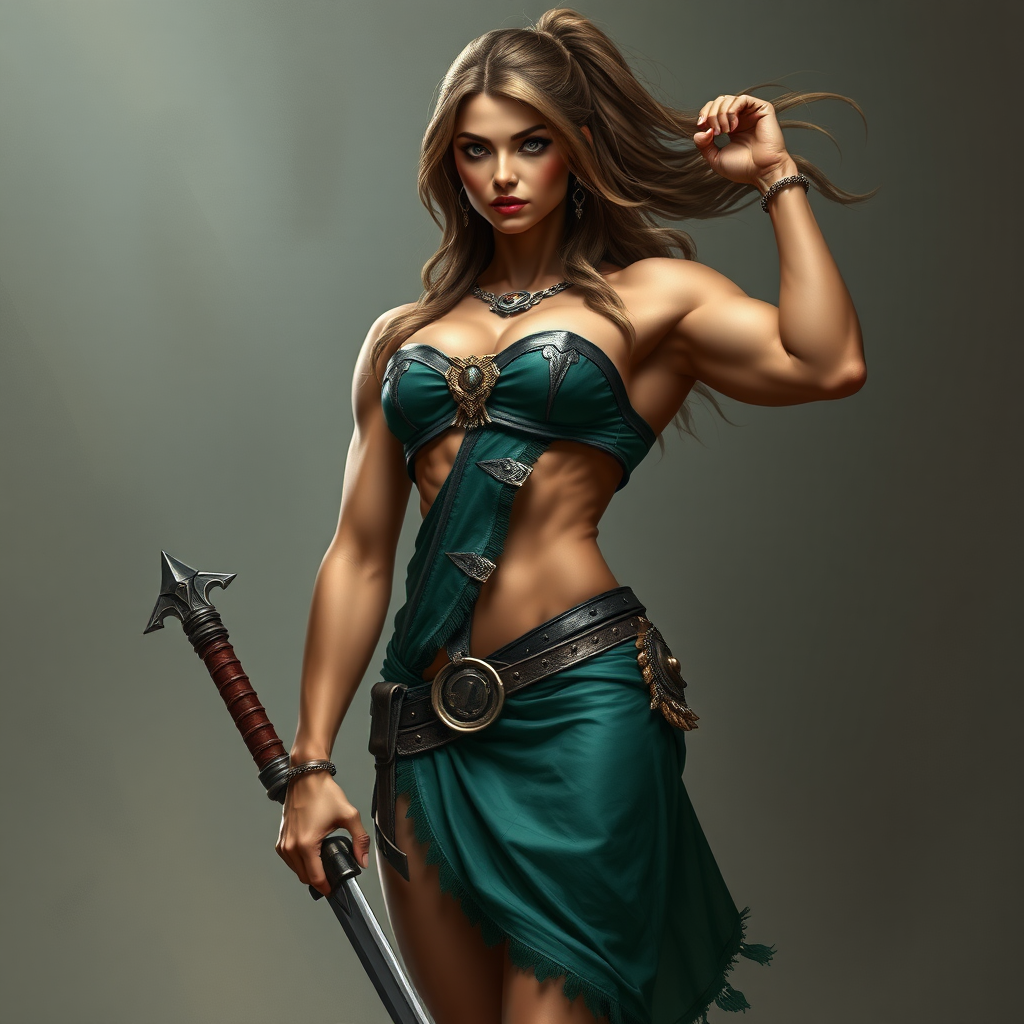 strong massive huge muscular bodybuilder girl, strapless dress, warrior princess