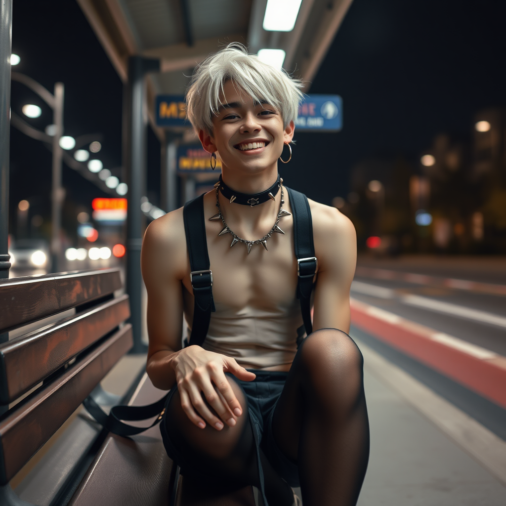 photorealistic, ultra high resolution, 16K, surreal fantasy, studio lighting, a pretty 19 year old goth boy, slim male physique, short blonde hair, goth makeup, earrings, pantyhose, harness, spikey dog collar and leash, trainer-bra, white ballet shoes, sitting on a bench at the bus stop, excited smile, facing the camera.