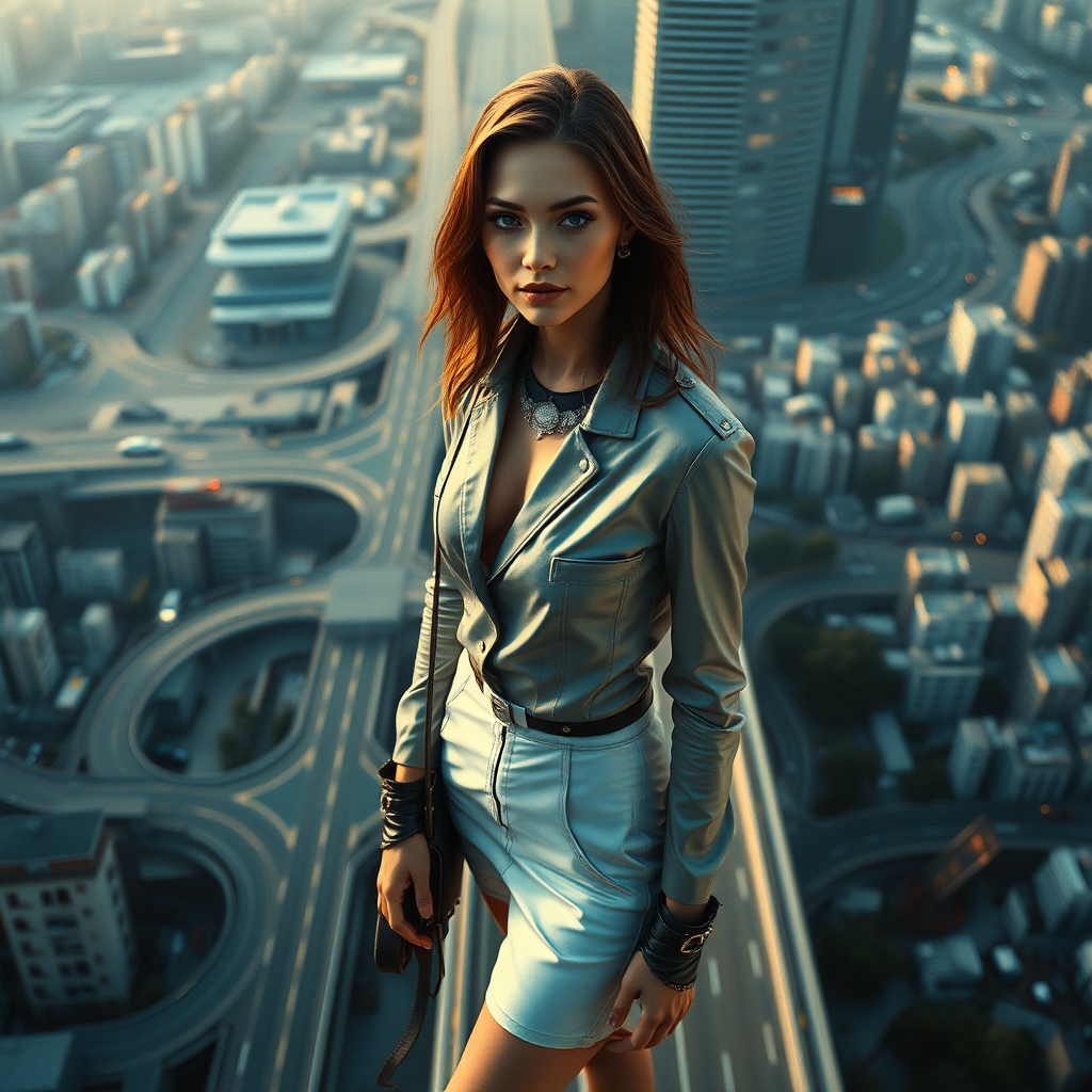 A full body shot of a pretty twenty-something female with a face resembling (ana de armas). elegant futuristic clothing, urban highway above a maze of interconnecting roads and buildings, high heel ankle boots, collar, purse and jewelry. Hyper-realistic, Photorealistic digital matte painting, soft focus, film grain, lens flare. gritty, dirty, scuffed.