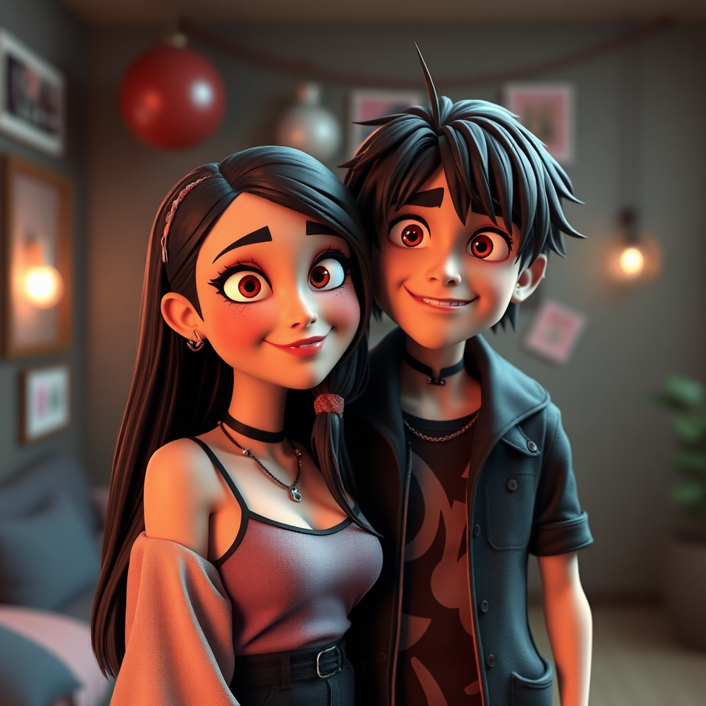 A goth girl and her boyfriend, in the style of the most popular modern 3D animated films. They are hosting an onlyfans live stream.