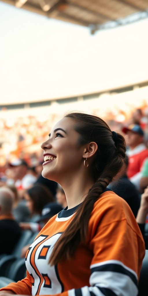 Attractive female NFL fan, cheering, pigtail hair, crowded stadium bleacher row, bottom angle shot