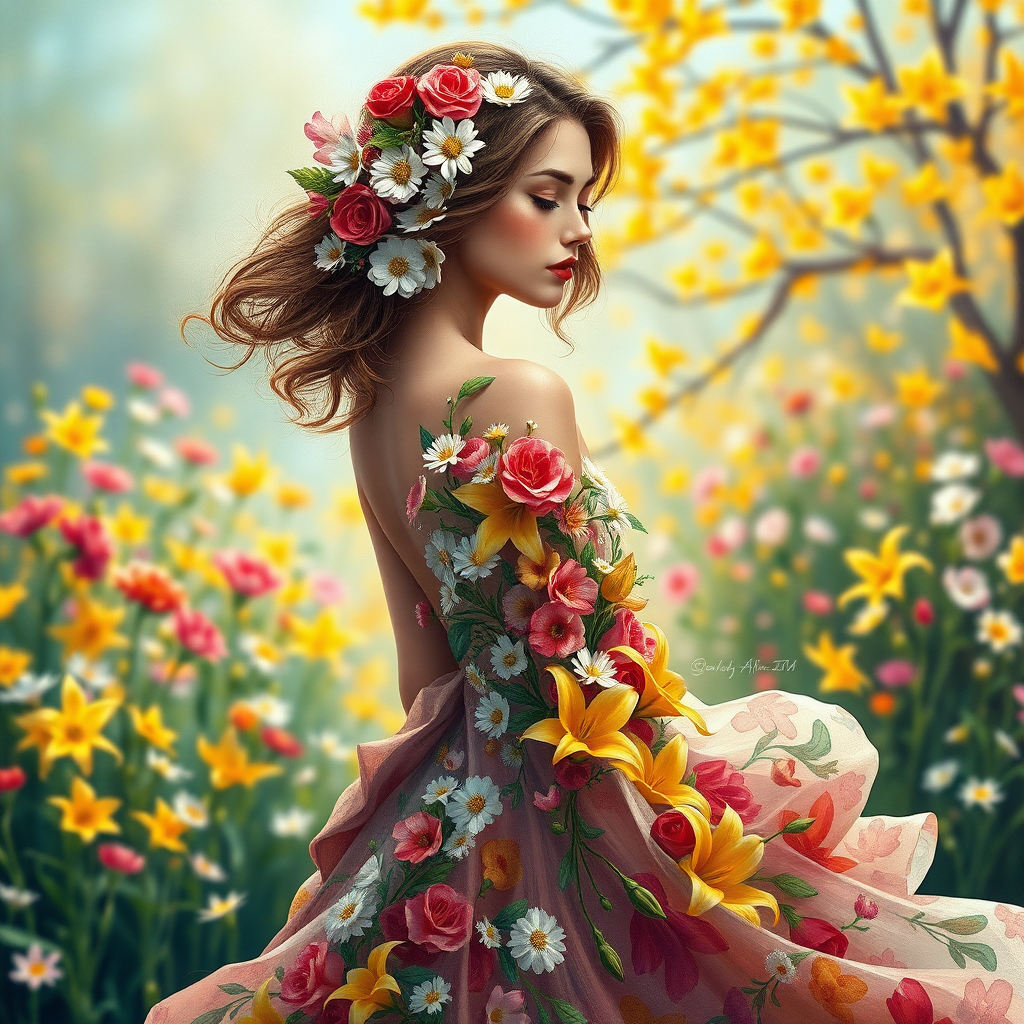 A stunning acrylic painting portrays a graceful woman in a flowing, floral dress, standing elegantly amidst a vibrant spring landscape. Her delicate face is softly outlined, her serene expression complementing her poised posture. Adorned with flowers, her cascading hair harmoniously blends with the intricately designed dress, crafted from an array of vibrant and delicate hues, including rose petals, white daisies, and yellow lilies. The artist employs a textured technique to add depth and a three-dimensional effect to the flowers, making them appear almost tangible. The flowing dress beautifully outlines her figure, evoking a sense of movement and grace within the lush, lively spring surroundings filled with vivid colors and abundant life.

Rendered in stunning 64K UHD resolution, the artwork features a broad color spectrum and intricate details, perfect for showcasing on high-profile platforms like ArtStation and Behance. Utilizing cutting-edge digital art techniques with tools such as Corel Painter, ZBrush, and Adobe Photoshop, the piece achieves remarkable 3D volume, exquisite shading, and ultra-fine detailing. High-quality pigments, metallic flakes, and glass beads are incorporated to ensure each texture radiates vibrancy under raking light.

Attention to lighting, depth of field, and eye movement creates a visually captivating experience. The scene is illuminated with a profound understanding of optics, invoking a tranquil chiaroscuro effect reminiscent of the Old Masters, blending realism with drama. Every contour, crease, and pore is rendered with photorealistic precision, imbuing the forms with lifelike energy that sparks the imagination.

Soft, delicate colors infuse the piece with subtlety and serenity, while maximum harmony across all elements results in a balanced, cohesive composition. Advanced rendering techniques provide unparalleled detail and sharpness, complemented by 3D volumetric effects that enhance depth and spatial qualities. A hyper-realistic pencil sketch texture adds intricate details, and a subtle interplay of light and shadow evokes lifelike realism. Soft, nuanced shades of grey, black, and white add depth and interest without overwhelming the composition, maintaining a gentle, lifelike depth that enhances the overall impact.

Emphasizing striking details with a cinematic close-up approach, the artwork captivates both technically and emotionally. Enhanced using a balanced f/11 aperture and a raw photographic style with advanced v6 enhancements, the piece renders vivid colors and minute details with unparalleled realism.

**Artists Involved:** Cameron Gray, John Gould, Vladimir Volegov, Mondrian, Craig Mullins, Jirka Vinse, Jonatan Väätäinen, Meghan Duncanson, and Bergsma.