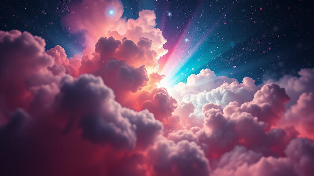 mandelbulb clouds, microscopy, Low Key Lighting, dreamscape, nebula, Bokeh, abstract, brilliant colors, glittering, translucent, iridescent, glowing, artistic photo, panoramic, airy, original, experimental, interdimensional, generative art, fractal, calm