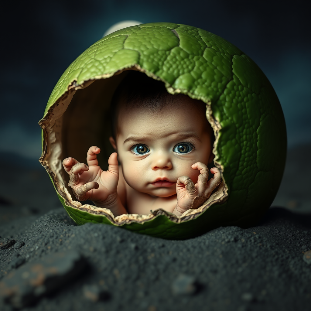 Create a photorealistic mix picture in Salvador Dali style. With a fresh newborn human baby hatching from what looks like a green reptile egg. The baby looks straight into the camera. The baby has extremely light yellow pupils. The baby has reptile hands with claws. Scene: moon landscape.