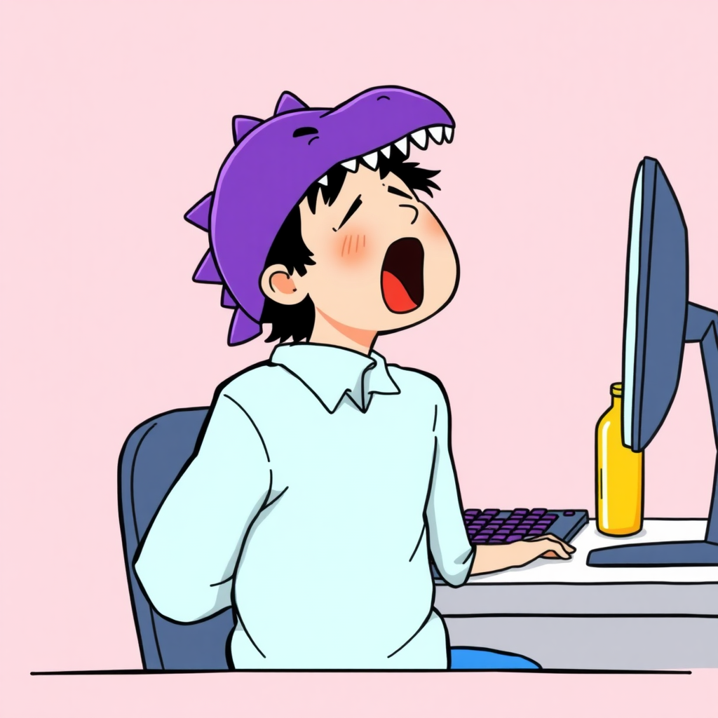 A high-quality illustration of a person sitting at a desk in front of a computer, yawning, with a purple dinosaur-themed cap and light blue shirt. The desk has a computer screen, a keyboard with purple keys, and a yellow bottle beside it. The view is the same as the original image with a light pink background and similar details, but the person now has a dinosaur cap instead of the original one.