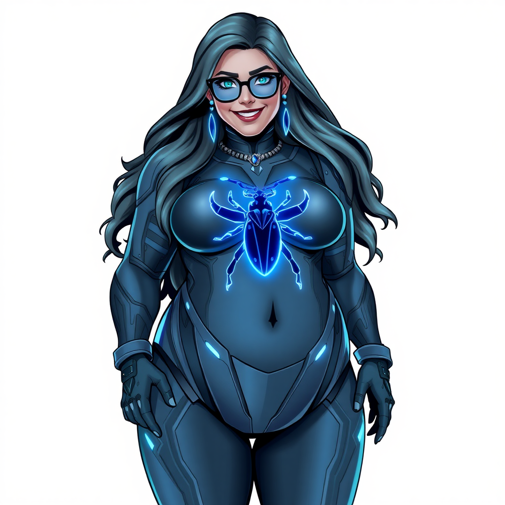 A 29-year-old computer science major, she is the devoted girlfriend of a vigilante and serves as his dotingly pampered, full-figured, nerdy, Middle Gray (N5) metallic digital sidekick. She has become a Computer Program hybrid, with a unique, metallic Middle Gray (N5) skin color that blends with her hair, appearing to merge together as computer data. Her long hair and skin are the same metallic Middle Gray (N5) blending together to appear to merge as computer data. Her neon blue eyes are mesmerizing. Her full figure, especially her prominent, round, gargantuan midsection, shows just how heavily fed and pampered she is, with sequoia-sized limbs and broad shoulders. Her midsection is bloated to emphasize the figure she gained from her pampering.

As a loyal and supportive sidekick, she plays a crucial role in their missions, using her digital prowess to assist and protect. She wears a blue sapphire scarab necklace and blue sapphire earrings, which she received as symbols of their love before his 5-year disappearance. Her digital Maximum Blue (RGB 71, 171, 204) bodysuit, featuring a neon blue glowing beetle chest icon. She is equipped with high-tech features, including holographic displays and integrated hacking tools. She has matching high-tech gloves. She emits neon blue data cubes from her body, set against a solid white background.

Heavily, attentively, and immensely pampered through being well-fed since their reunion, her full figure clearly shows the extent of care she has received. Despite her digital enhancements, she retains her human vulnerabilities, including hunger and sleep, and is not immune to human weaknesses. She has the ability to hack into computers and machines, and her nerdiness is blatantly obvious with her black oversized eyeglasses. Her full figure, especially her gargantuan midsection, is prominently displayed and heavily emphasized. Her outfit, influenced by DC’s Jennifer Knight Phantom Lady, remains distinct.

Despite her boyfriend’s limited resources, she assists in the war on crime by serving as a minicomputer, traveling in a high-tech wristwatch and supercar’s computer system. Using her hacking abilities, she relays crucial knowledge related to missions. She has a beaming smile. She is drawn as if she was in a retro 2D cyberpunk fighting game. Their love for each other is evident.