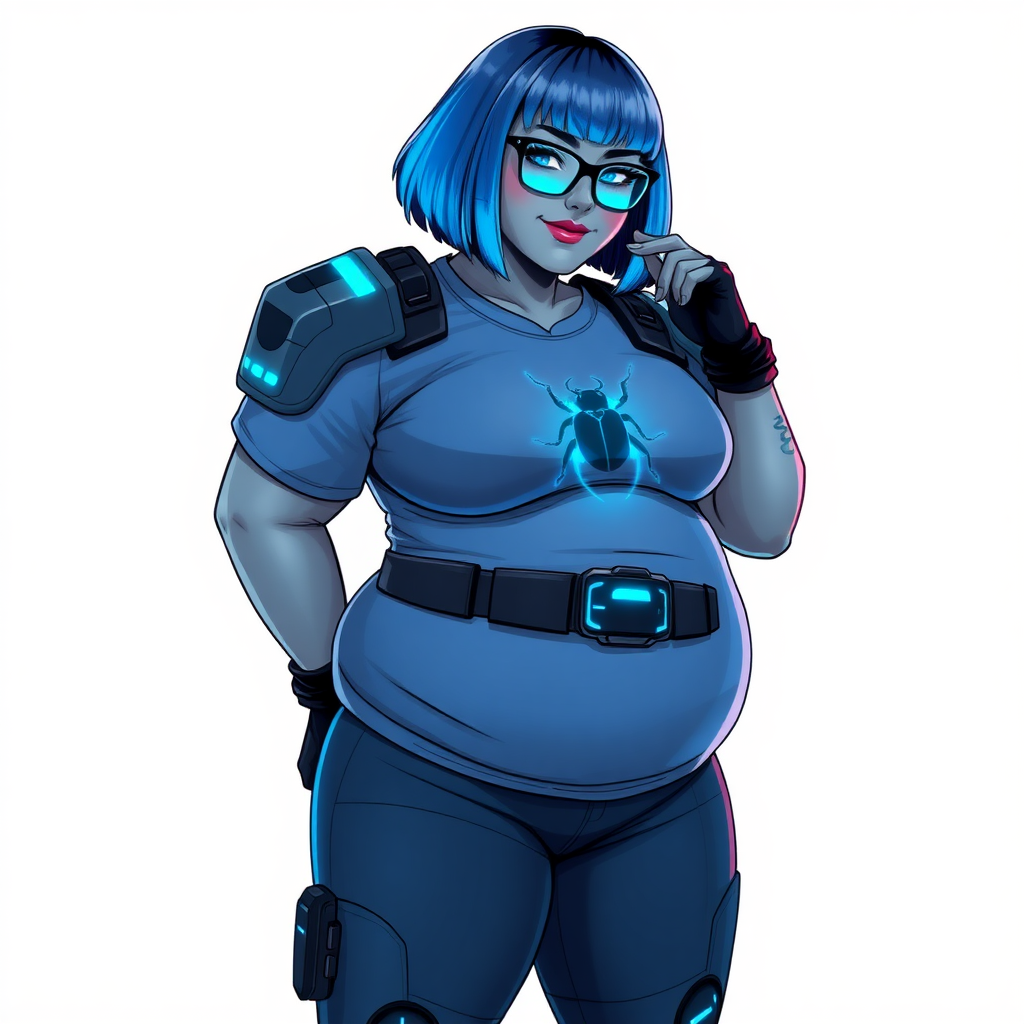 A 28-year-old, full-figured, Middle Gray skinned, computer program hybrid with a maximum blue bob cut. She has a non-athletic, full-figured build, highlighted by a prominent, round, large midsection (with heavy emphasis on her large belly). As the full-figured, nerdy, digital sidekick to her cyberpunk vigilante boyfriend, her metallic middle gray skin and maximum blue lipstick emphasize her digital nature. She wears a digital, computerized costume, consisting of a huge, tight-fitting, maximum blue t-shirt with a neon blue glowing beetle chest icon, hi-tech shoulder pads with neon blue glowing accents, a black hi-tech belt with a digital neon blue glowing buckle, digital maximum blue pants with neon blue accents, and black hi-tech gloves with neon blue glowing accents. Her bright blue eyes, black eyeglasses with neon blue glowing lenses with a built-in HUD, and shy smile with neon red blush accentuate her nerdiness. She stands bashfully with one hand behind her back and the other hand gently touching her cheek, her costume covering all her skin and emphasizing her full-figured physique (especially her belly). She is clearly non-athletic, with a heavy focus on her large belly. Despite her build, she radiates beauty. She has a slim face compared to her physique, accentuating her radiant beauty. She is on a solid white background. She is drawn as if she were in a retro 2D cyberpunk fighting game.