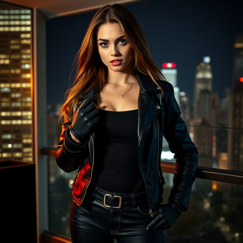 A beautiful and hot thief girl in a black leather jacket over black t-shirt with black jeans and gloves in a Manhattan penthouse at night.