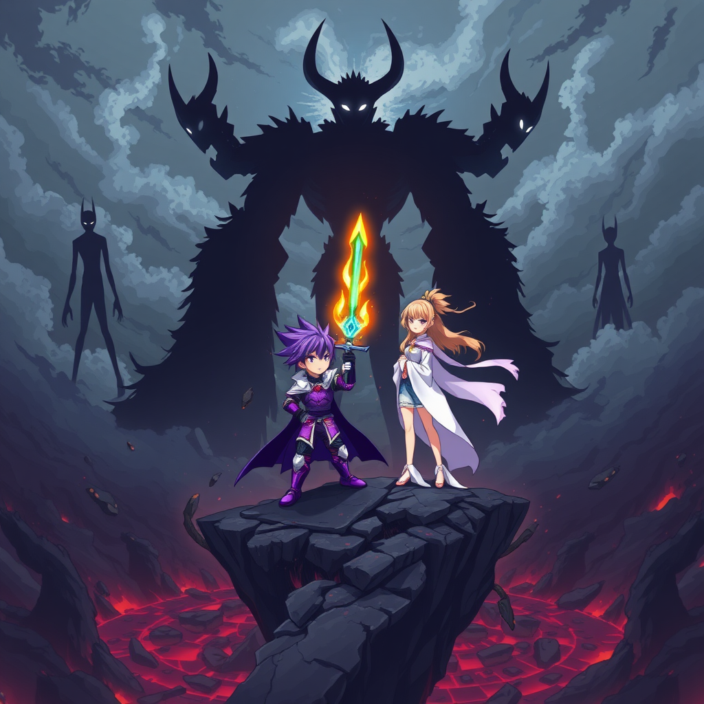 (Anime Style Pixel Art) In an apocalyptic world on the brink of collapse, the sky is dark and ominous, swirling with chaos as the ground disintegrates into an endless abyss. Three towering, humanoid beings known as *The Roaring Titans* loom menacingly in the distance, their forms composed entirely of black shadow, exuding pure darkness. Two of the titans are thin, stick-like figures, their single white, star-shaped eye glowing with a piercing light. The one in the center is grotesquely massive, with two jagged horns emerging from the void.

Standing defiantly on a crumbling, floating island is a teenage boy with spiky purple hair, clad in gleaming purple knight armor. In his hand, he grips a sword blazing with rainbow-colored flames, its brilliance cutting through the despair around him. Beside him, a young woman draped in flowing white robes with golden hair stands poised, both of them facing the looming titans, ready to confront the destruction together.