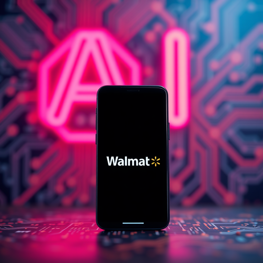 A modern digital illustration of a smartphone displaying the Walmart logo, with a neon "AI" sign in the background, set against a blurred circuit board pattern. The image is highly detailed, featuring vibrant colors and soft lighting, with a slight futuristic tech aesthetic. Shot in medium focus with a shallow depth of field, using a Nikon Z camera.