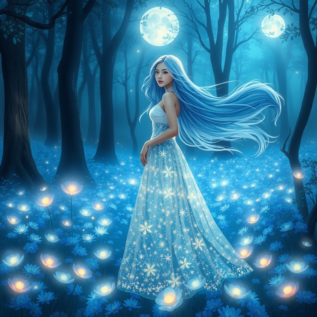 A magical forest's serene and enchanting evening scene shines with soft, spiritual light. A young Japanese woman with flowing light blue hair stands elegantly in the foreground, wearing a dazzling gown that sparkles with patterns of stars and light. The background is filled with vibrant, glowing flowers in shades of blue and white, creating a delicate carpet of flowers beneath her feet. Moonlight filters through the trees, casting soft shadows and enhancing the dreamlike quality of the atmosphere. The overall aesthetic has a magical impressionism, with a palette of deep blues, soft whites, and shimmering highlights evoking wonder and tranquility.