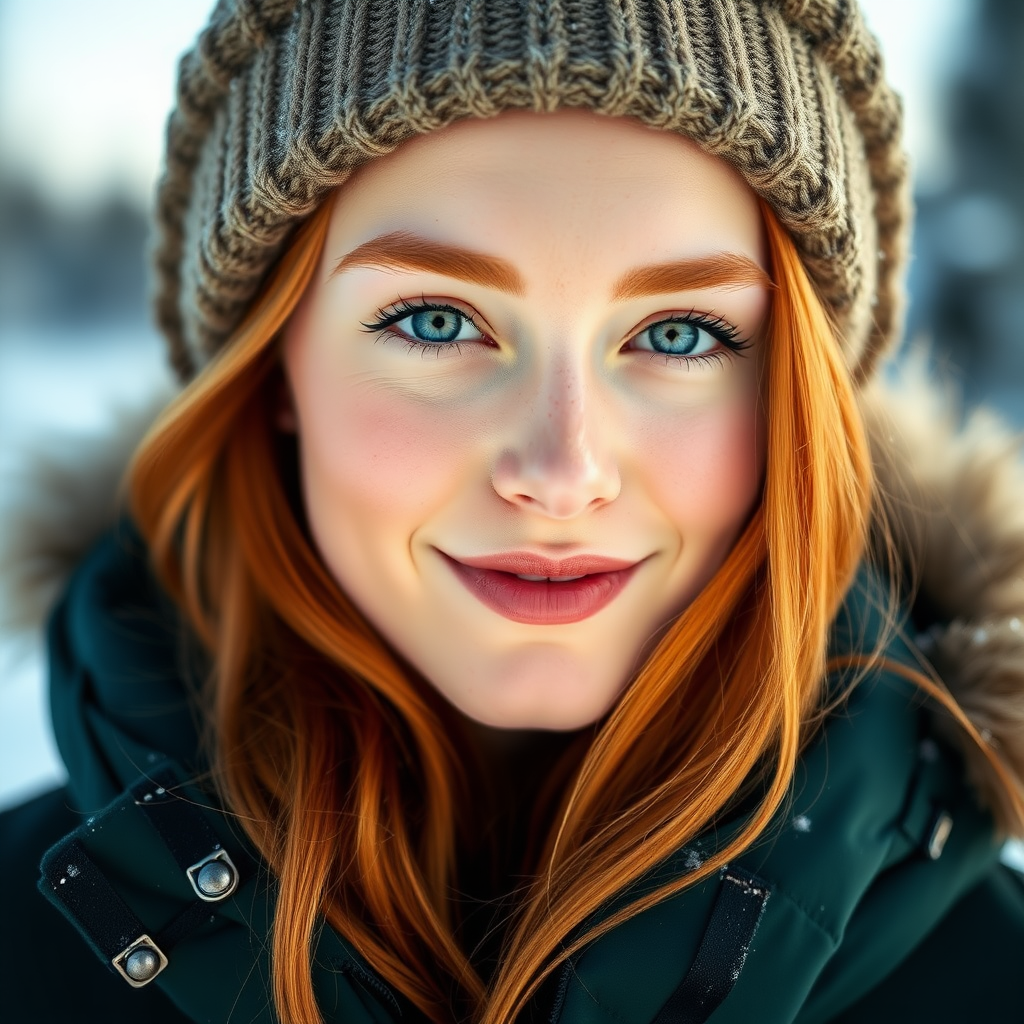 beautiful happy young woman with ginger cherry blonde long hair, full lips, perfect eyebrows, pale skin, on Alaska during winter in Anchorage on sunny snow day