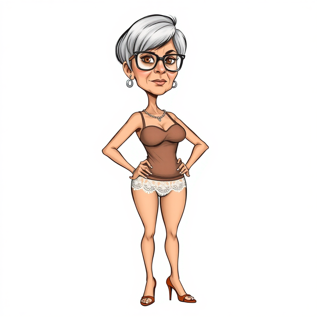 a towering 55 Years old, fit, slim, European, Latina, sharp aquiline nose, wrinkles, high cheekbones, Middle Eastern, Skinny, Tanned skin, Dark light skin, Rounded Medium breasts, Skinny thighs, full Makeup, jewelry, Serious face, Sharp nose, Ash hair, short bowl haircut, Brown eye color, Glasses, with detailed features. Hands on hips, she is wearing a transparent brown tight tank top and tight white lace thong, detailed fabric.  full body, high heels sandals, she is gesturing at the viewer, 
long establishing shot, 2D, caricature, cartoon, Sketch lines, coloring book, black and white, coloring book style on white background, well composed, clean coloring book page, No dither, no gradient, strong outline, No fill, No solids, vector illustration, realistic proportions