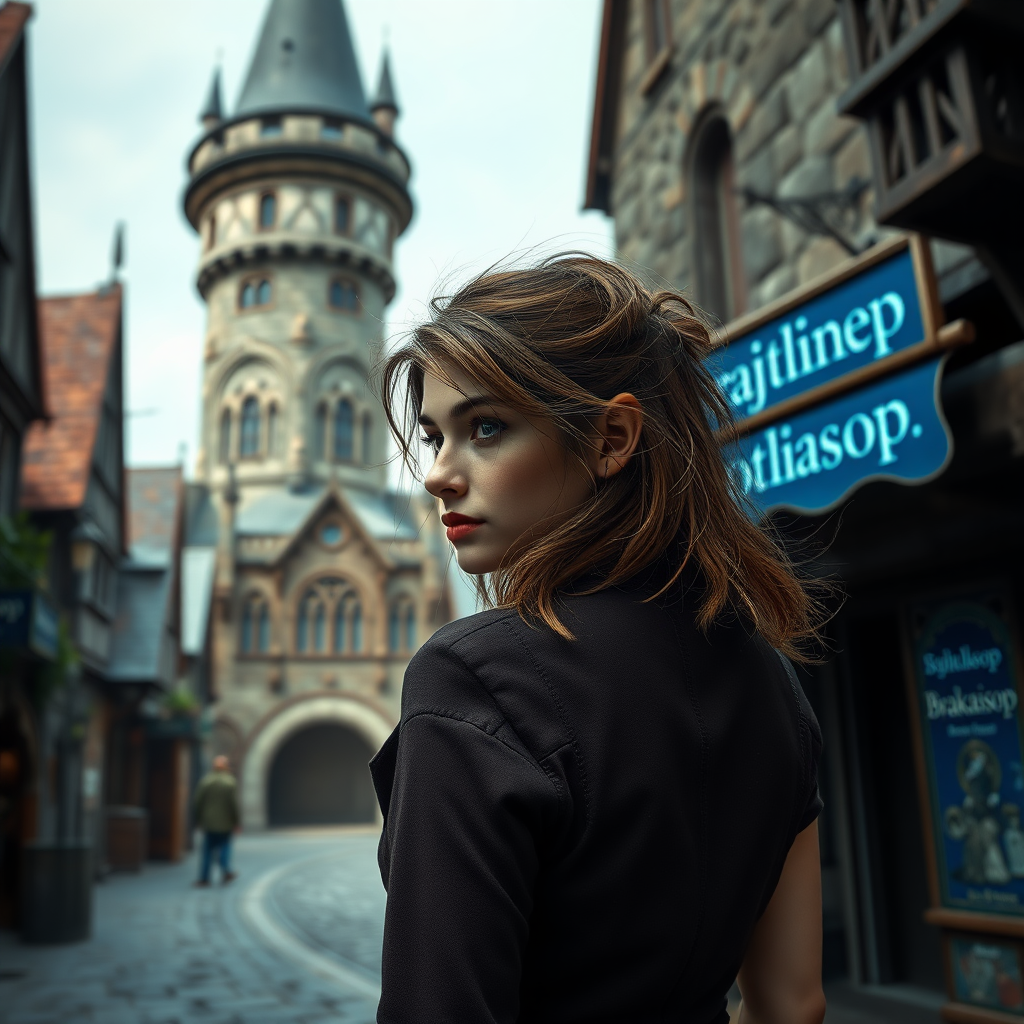 A wide distance shot from behind of a pretty twenty-something elven female with a face resembling (ana de armas). she is walking through a dungeons and dragons port called waterdeep. mage tower in the background. potion shop with a blue sign with the word "Brajkaisop". messy shoulder length hair tussled by wind.  photorealistic, digital matte painting, wlop