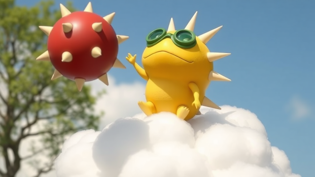 Exterior. Day. A round yellow creature with green goggles riding a puffy white cloud. It throws a round red ball with large ivory spikes.