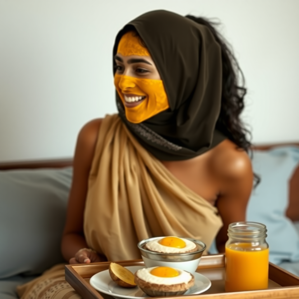 slim, 30 year old, sexy, indian wife, small face veil, turmeric face mask. She is smiling and serving breakfast on a tray on bedside table