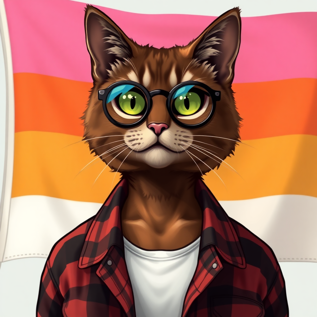 female cat-man brown color with, behind, a flag with horizontal colors pink/light pink/white/light orange/orange, colors in that order, with semi-round glasses, an open red and black checkered shirt with a white t-shirt, in digital art