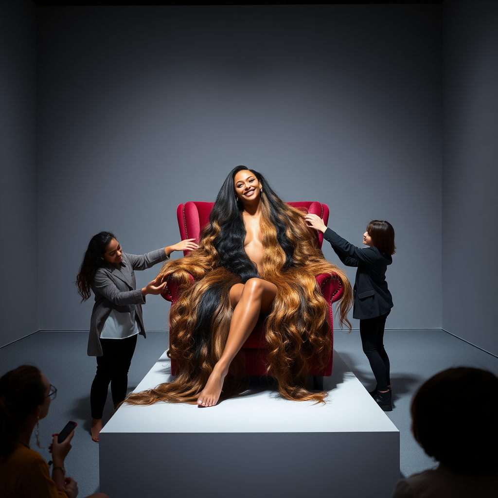 In a strikingly minimalist art gallery, the spotlight shines on an elegant, richly upholstered chair where the breathtaking Beyoncé reclines gracefully. Her extraordinarily long hair cascades like a flowing waterfall, glistening with an array of hues—from deep, luscious black to shimmering chestnut—each strand reflecting the luminous light around her. She wears a stylish, form-fitting outfit that accentuates her figure, blending seamlessly with the contemporary aesthetic of the exhibit.

Surrounding her is an engaging performance art space, thoughtfully designed with a soft, well-lit ambiance that draws visitors in. The plain gray background serves as the perfect canvas, allowing her radiant presence to take center stage. Visitors, drawn by curiosity and admiration, are invited to partake in this unique interactive experience, gently playing with her hair, which feels silky and luxurious between their fingers.

As they weave their hands through her long locks, a sense of shared connection fills the room—laughter, whispers of admiration, and the muffled sounds of awe echo through the gallery. Beyoncé smiles warmly, her eyes twinkling with delight, engaging with her audience, creating an atmosphere that blends artistry, intimacy, and the celebration of beauty.