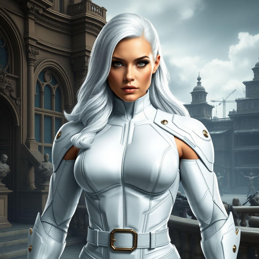 Generate a photorealistic image of Emma Frost, her head intact—including long platinum hair and distinctive facial features. Replace her body with Marcus Fenix's muscular, battle-scarred male physique, emphasizing broad shoulders, defined arms, and rugged torso. Retain Emma's signature white costume, altered to accommodate the new masculine frame, such as larger shoulder pads and a tailored torso piece. Design the background blending elements from both characters: the opulent, grandeur of Emma's mansion and the gritty, war-torn landscapes of Marcus's world, complete with dilapidated buildings and COG tags.