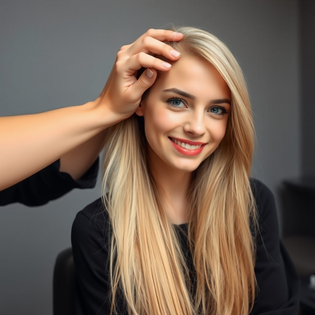 POV, beautiful very long haired blonde woman sitting in a hair salon smiling at the camera while I reach out from behind the camera to massage her scalp. My fingers are digging into her hair rubbing her scalp while her hair is covering my hands. 
Plain gray background.