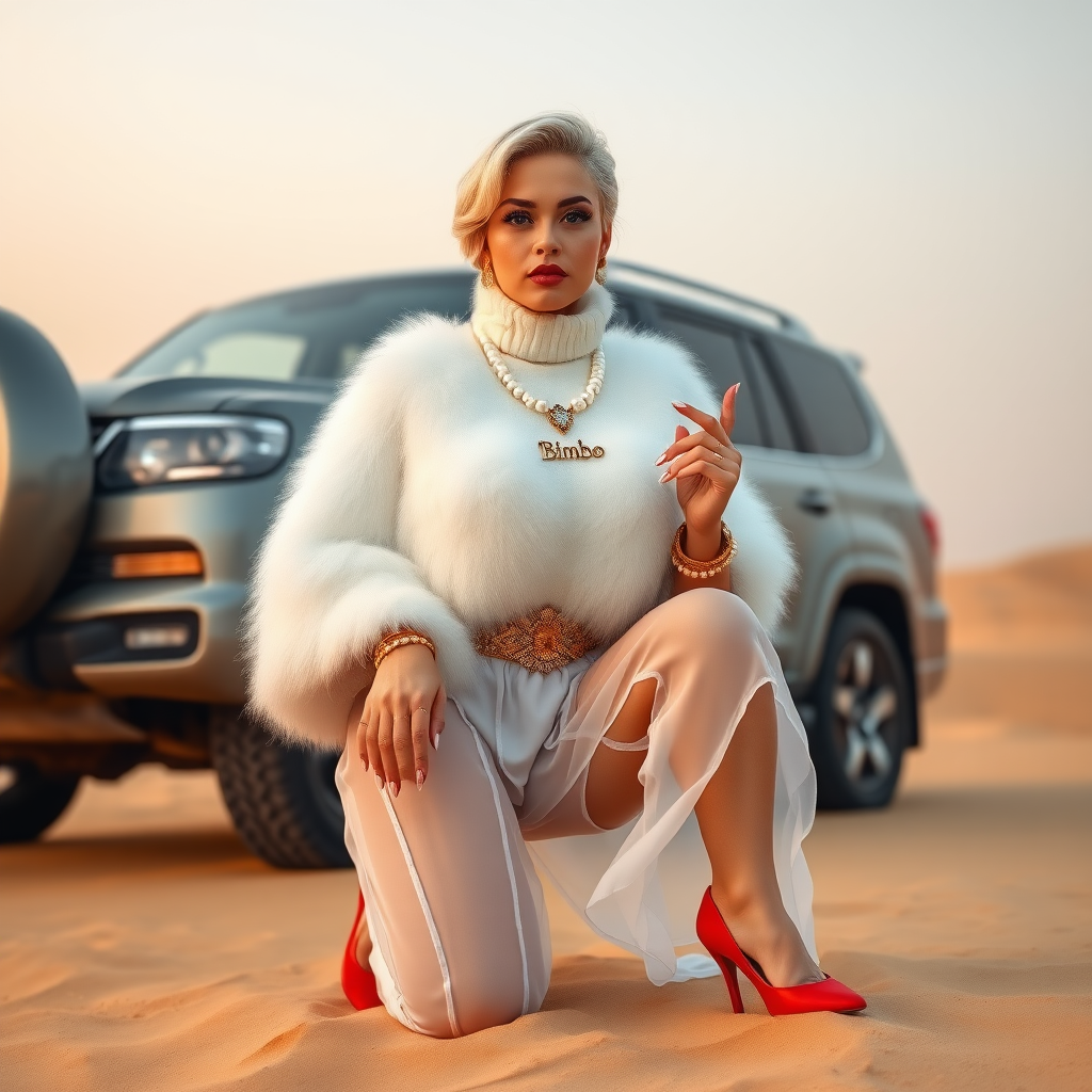 Kuwait desert dunes misty dawn, full size luxury SUV: Melissa, European 17 years old very convincing femboy “trophy-bimbo”, tamed servile docile, very beautiful feminine flawless face, rather short, by hormones very curvaceous womanly figured, platinum blond short tight curls, bold red lips, long white French nails, heavily made-up face, wearing Supertanya-style fluffy very fuzzy bright white angora turtleneck-poncho cropped ending under bust decorated with pearls and glass stones, striking oriental wide gold bridal protection belt, white fully transparent harem pants, bright red pumps with golden very high heels, full Oriental bridal jewelry including headpiece, nose-ring, coin wristlets, coin anklets, striking diamond “Bimbo” letter brooch on left chest, thick heavy pearl wristlets, pearl anklets, pout frustrated, kneeling in sand in front of SUV, looking at camera. Focus on face and turtleneck-poncho.