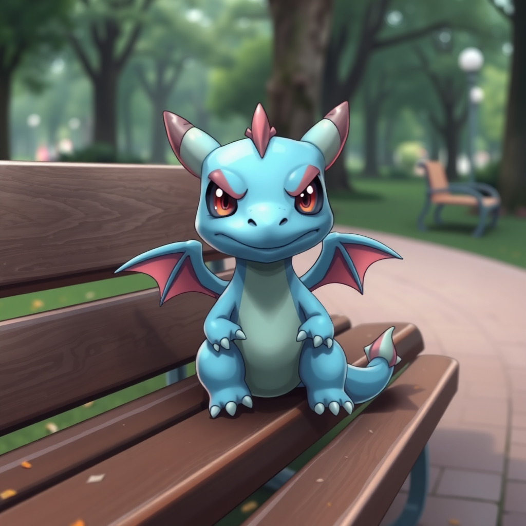 A anime blue small dragon with two legs, two arms, black angry eyes with red pupils and wings sitting on a bench in a park