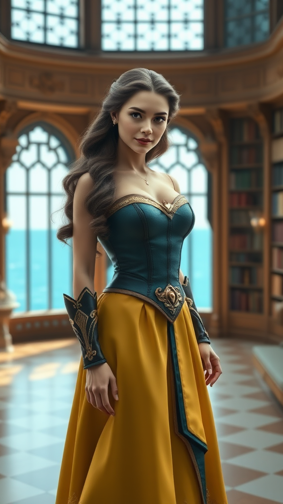 Create a hyper-realistic image of Belle from Beauty and the Beast with a modified body type resembling Aquaman's muscular physique. Maintain Belle's original head and facial features intact, but transform her figure to be more athletic and powerful. Dress her in an outfit that blends elements from both characters, suitable for her new form. Set the scene in a grand library with large windows overlooking the sea, combining Belle's love for books with Aquaman's aquatic realm. Ensure the lighting and details are vivid and lifelike.