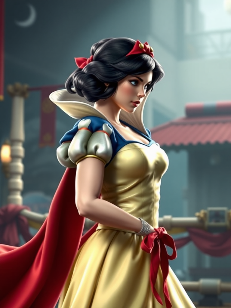 Create a full-length hyper-realistic render of Snow White using the body type of Ryu from Street Fighter. Retain Snow White's head and costume while adjusting the body structure and silhouette to reflect Ryu's muscular build and gender. Ensure the render captures the essence of both characters, maintaining Snow White's iconic look while integrating Ryu's athletic physique. The background should blend elements from both characters' worlds, creating an appropriate setting that complements their personalities and storylines. The final image should be vibrant, detailed, and striking, showcasing the unique fusion of these two iconic figures.