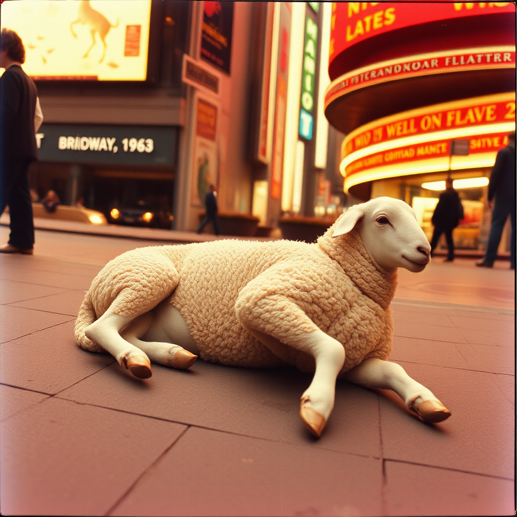 Highly detailed Kodachrome color real surrealist photograph from 1974 of And the lamb lies down on Broadway