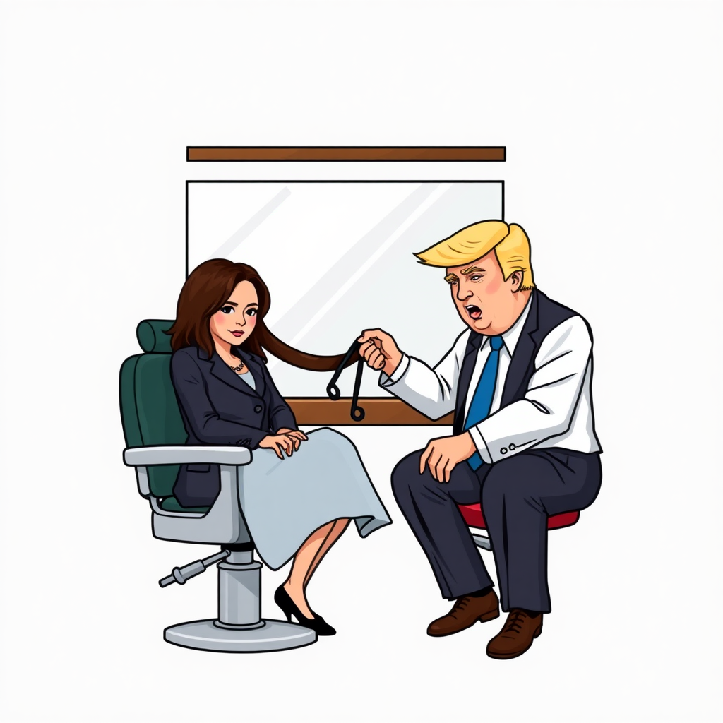 Kamala Harris sitting in a barbershop while Donald Trump cuts her long hair.  Plain gray background.