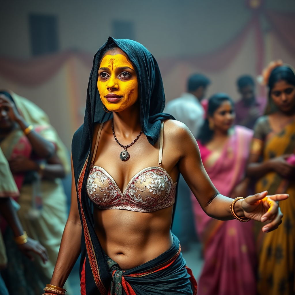 A skinny, traditional, 30-year-old Indian wife with a hijab, wearing a bra and skirt. Her face is covered with a turmeric face mask. She is dancing at a party.