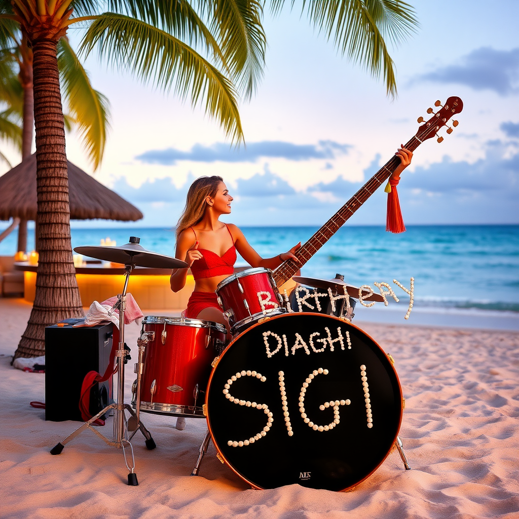 Lady sitting on Drumset on beach with Palms and bar, bassdrum spelling the words "Happy Birthday Sigi"