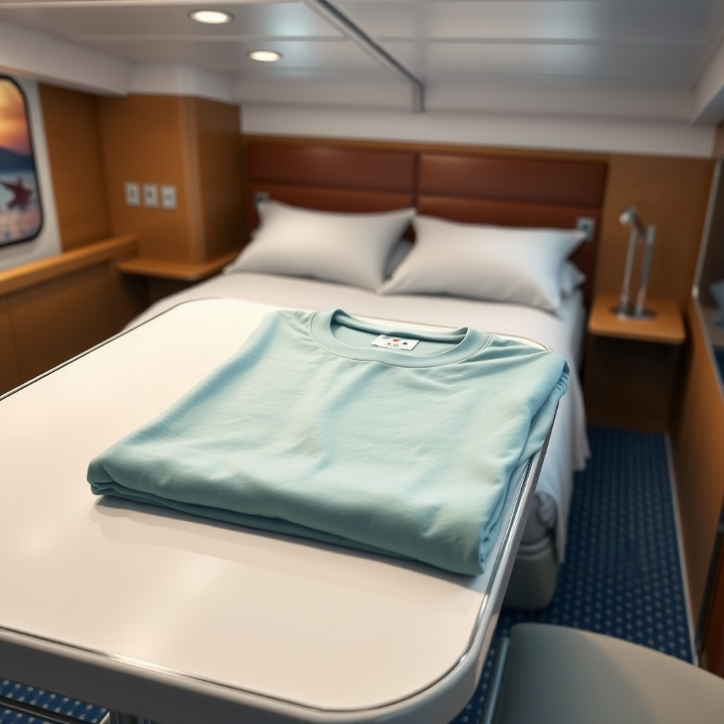 create a photo realistic image of a folded T-shirt on the table in a cruise ship cabin. Make the image rectangle and not square