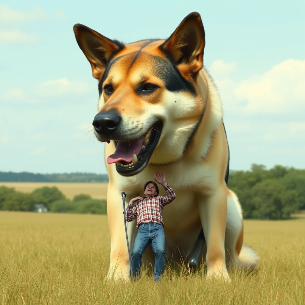 A giant-huge dog in a plain field, there is a small man being eaten