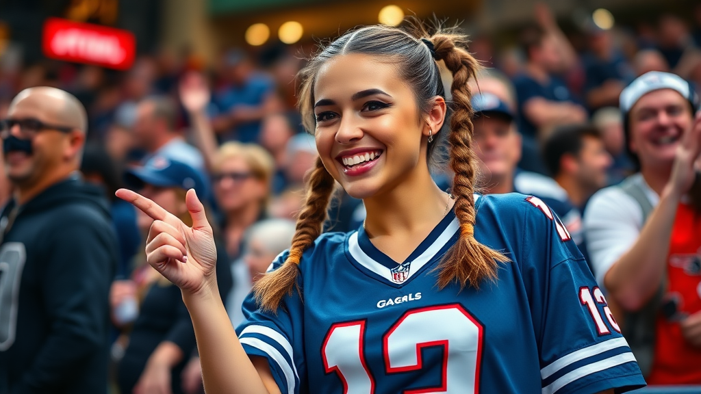 Attractive female NFL fan, cheering, pigtail hair, wearing jersey, huge chest, inside crowd