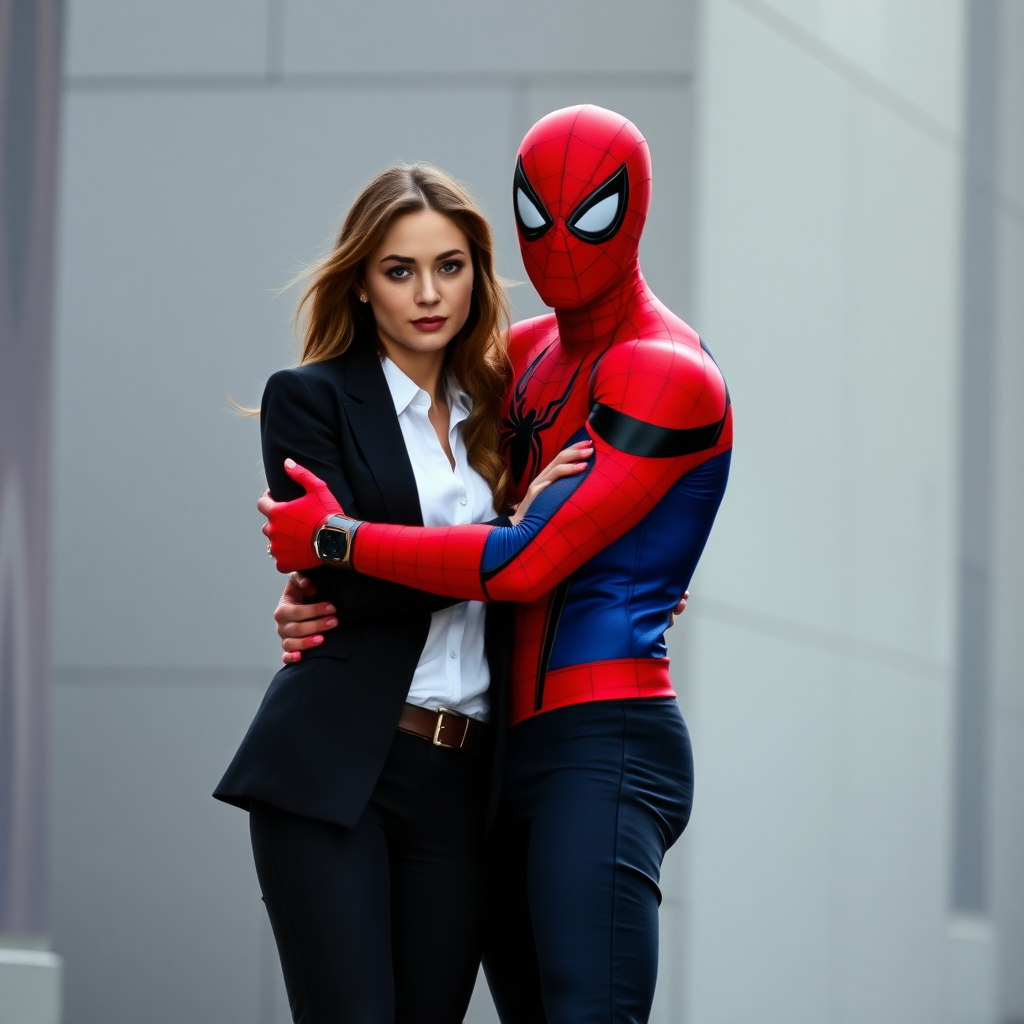 Spider-Man wearing classic red and blue Spider-Man suit and a beautiful female burglar in a black blazer over white shirt with black pants hugging each other as a loving couple in the action movie.