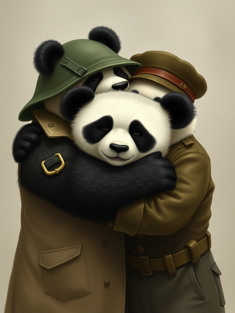 A picture of two panda bears hugging. One is wearing a trenchcoat and the other is wearing a military uniform.