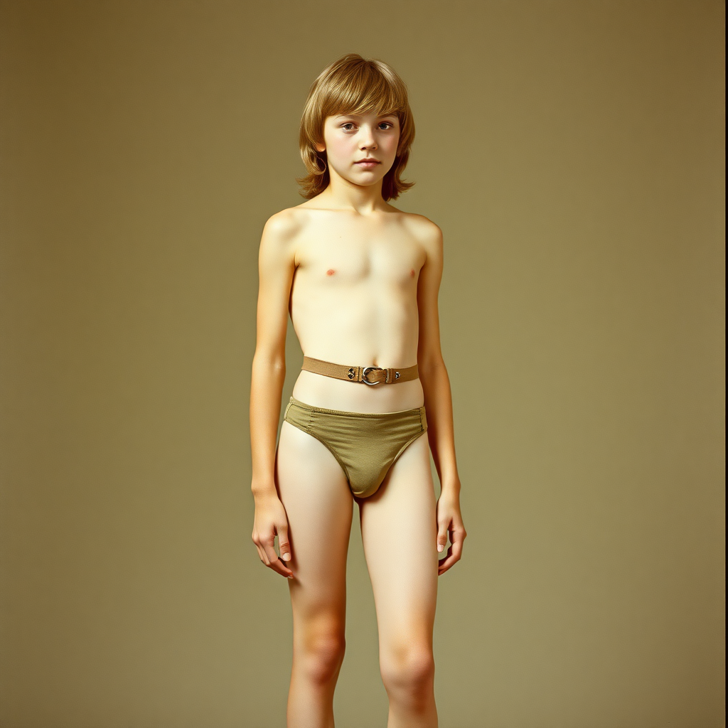 A skinny 14yo teen boy, long hair bow cut, wearing tight narrow speedo, garter belt, long stockings, long legs, narrow thighs. full-length view. 1970s. photorealistic, ultra high resolution, 16K, Negative: grainy, blurry, bad anatomy, extra limbs, watermark.