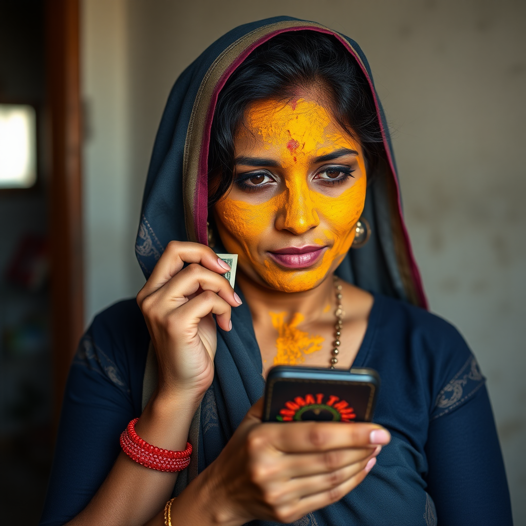 slim, curvy, 30 year old indian maid with hair covering, turmeric paste on her face. she is stealing money from wallet.