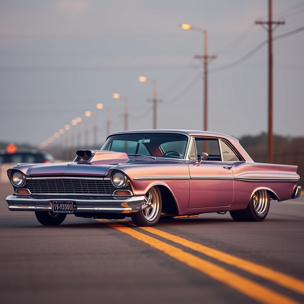 the drag car is parked on the side of the road, inspired by Taiyō Matsumoto, tumblr, restomod, nd4, c4 metallic shine classic american low rider custom ford