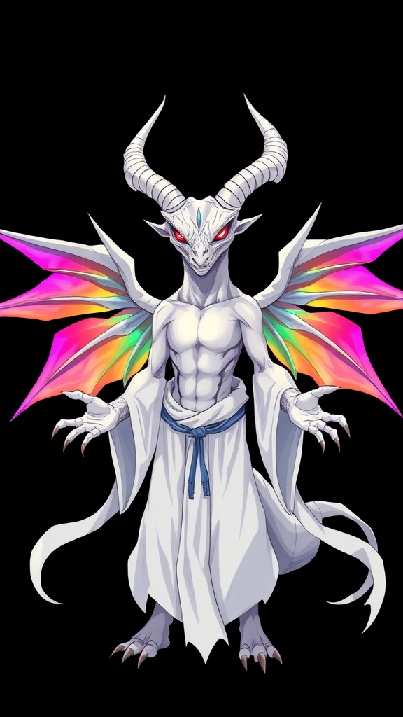 (Anime-styled art), image set against a black background features a tall, white wrathful angry reptilian humanoid resembling a goat, adorned with two elegant white horns. Its mesmerizing rainbow eyes shine with intensity, while it wears flowing white robes. A vibrant, chaotic aura radiates around its entire form, and it stands with outstretched hands, showcasing three magnificent rainbow-hued angelic wings that embody a sense of chaos and beauty, looking at viewer