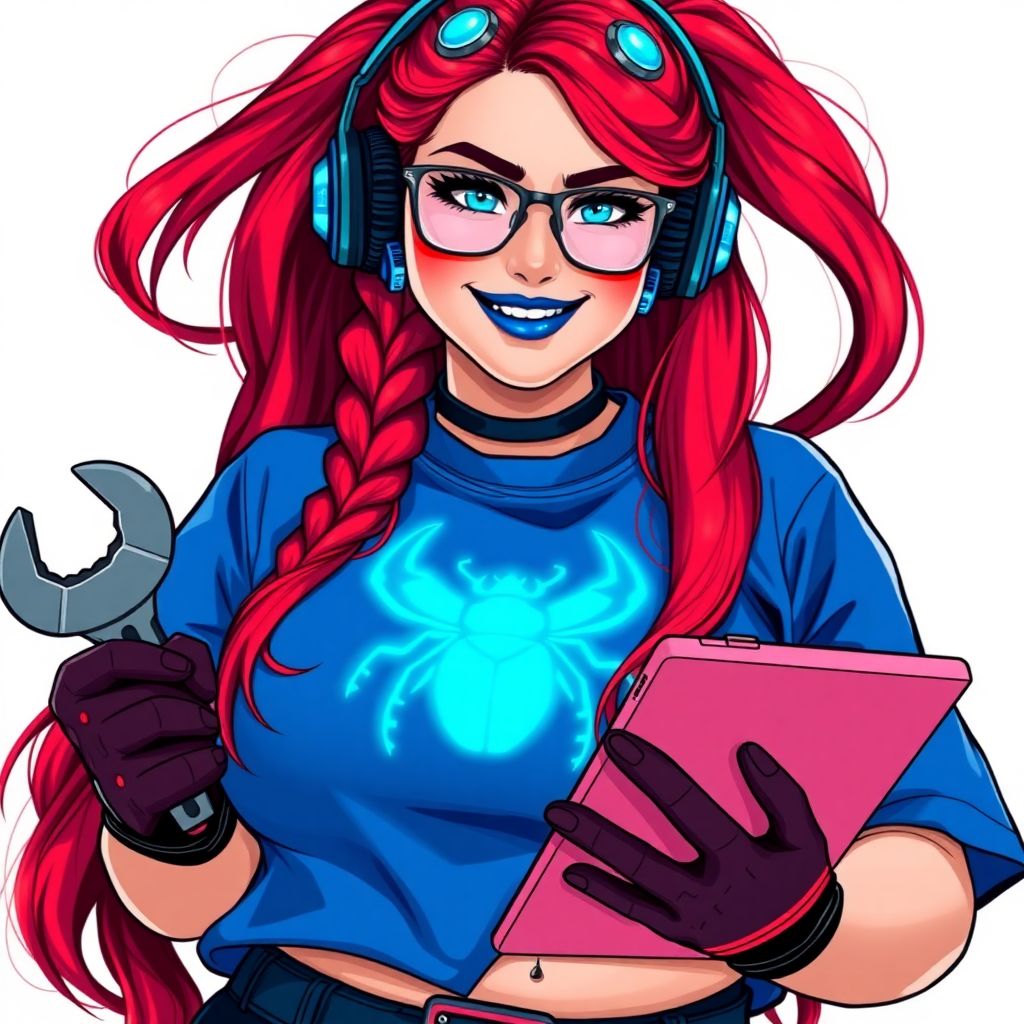 A full-sized, intelligent and tech-savvy 28-year-old computer hacker and tech genius. She has a long ruby red ponytail. She wears maximum blue lipstick, blue eyes, a sapphire beetle gemstone necklace, sapphire earrings, black eyeglasses, hi-tech power gloves, and a gigantic oversized maximum blue t-shirt featuring a neon blue glowing beetle chest icon. She has a full-figured physique with a gargantuan, round midsection, reflecting her well-cared-for lifestyle. She sports a sapphire headset with a hi-tech maximum turquoise lensed HUD, and a beaming smile accentuated by a passionate neon red blush. She serves as his tech expert from his hideout, holding a futuristic tool wrench and a futuristic digital tablet. The background is solid white. She is drawn as if she was in a retro 2D cyberpunk fighting game.