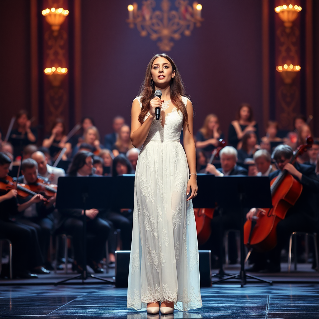 a young woman singing. a large orchestra in background. she stands in the middle of the stage. long brunette hair with highlights, bright blue eyes. suntanned skin. small lips colored pale rose. wearing an elegant long white dress with transparent lace and white pumps. photo from some distance.