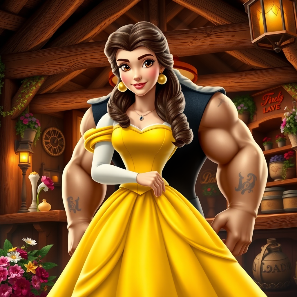 Create a full-length photorealistic image of a mashup character featuring Belle's head and hairstyle on Gaston’s muscular body. Retain Belle’s facial features and iconic yellow gown, adjusted to fit Gaston’s physique. The background should combine elements of Belle’s vibrant village and Gaston’s rustic tavern, showcasing wooden beams, flowers, and enchanted objects. Highlight the contrast between the enchanted world and Gaston’s rugged charm, creating a dynamic scene that brings both characters to life while emphasizing their distinctive traits.