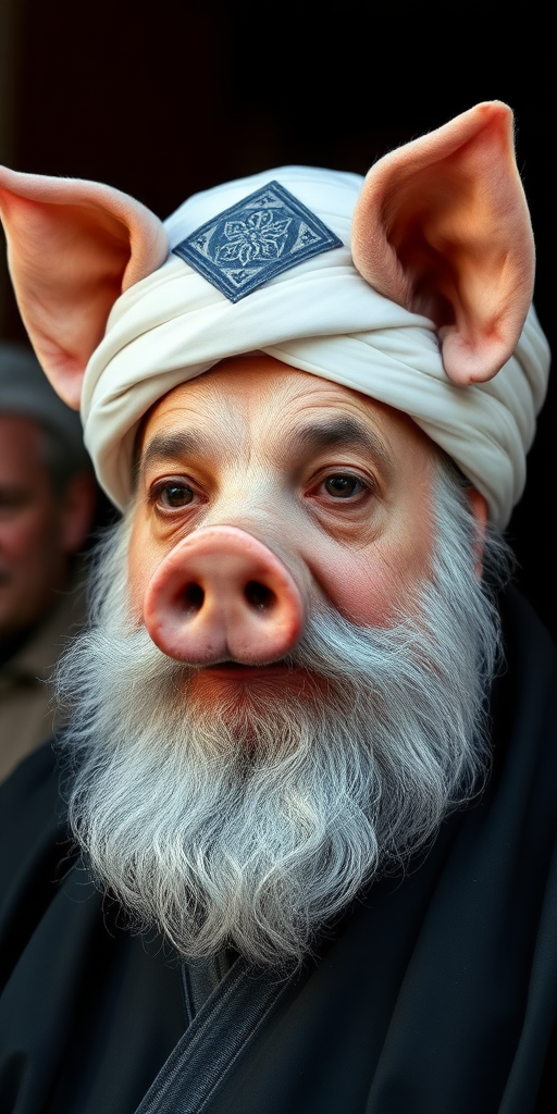 Ayatollah with pig nose, pig ears.