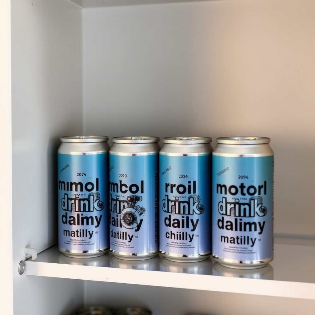 a small shelf with cans that have an image of car engine on the label and text saying "motor oil drink daily"